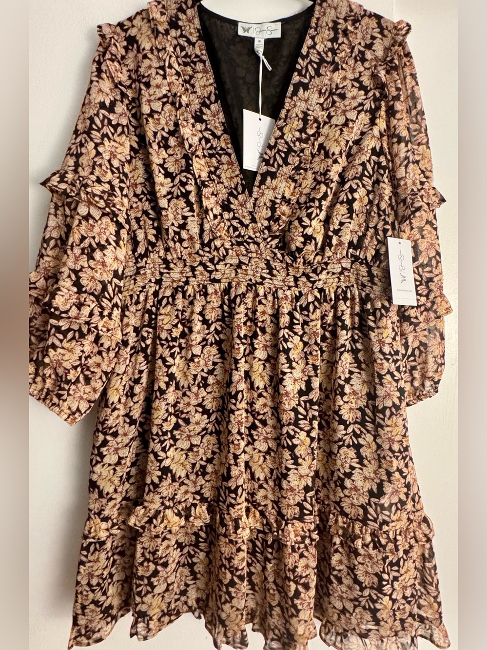 Jessica Simpson Black Floral Ruffle V-Neck Dress